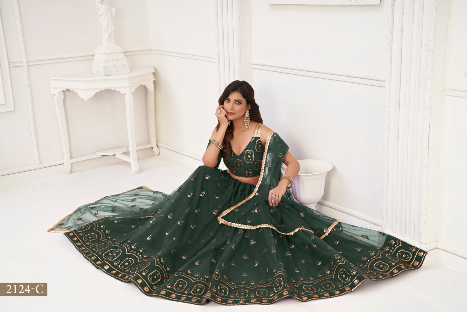 Dark Green Elegant Butterfly Net Lehenga with Tone-to-Tone Embroidery