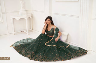 Dark Green Elegant Butterfly Net Lehenga with Tone-to-Tone Embroidery