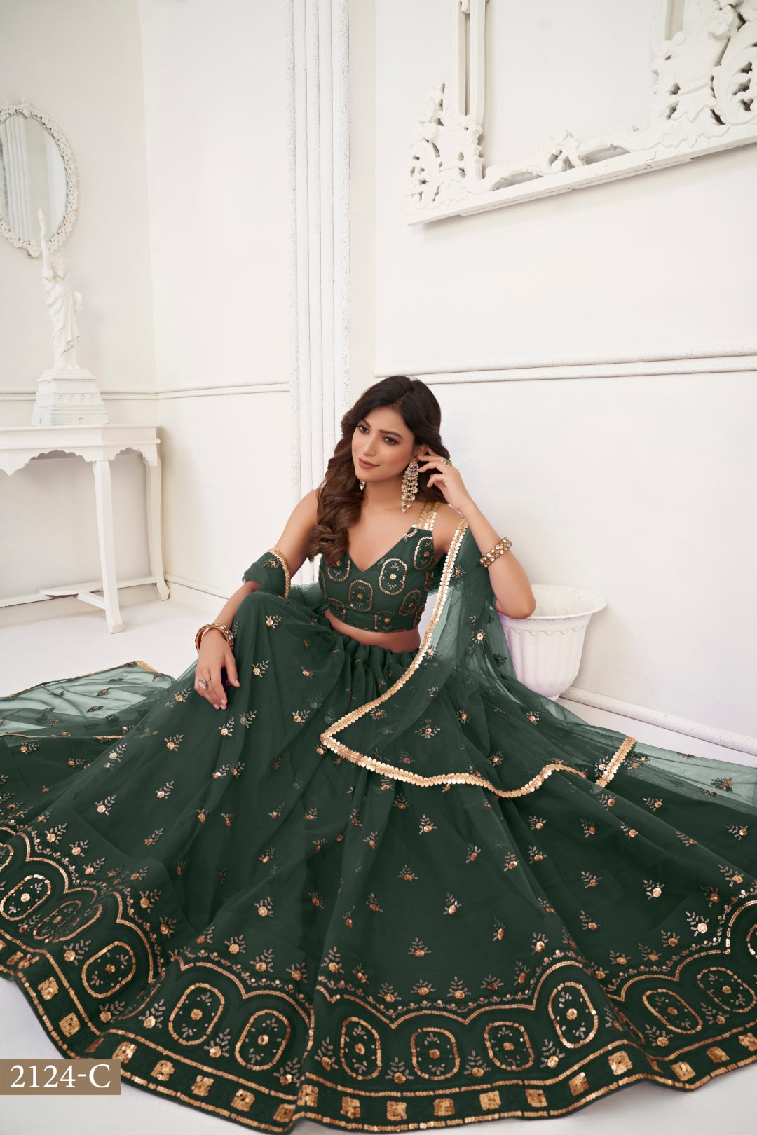 Dark Green Elegant Butterfly Net Lehenga with Tone-to-Tone Embroidery