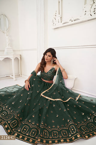 Dark Green Elegant Butterfly Net Lehenga with Tone-to-Tone Embroidery