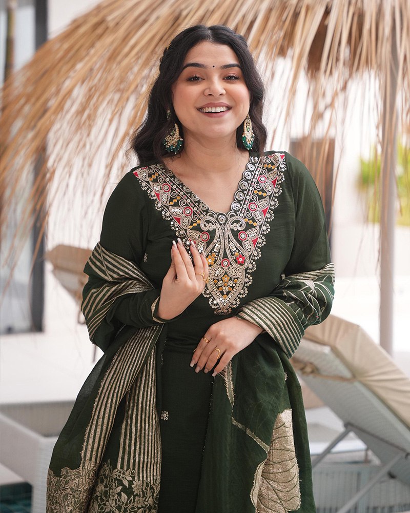 Dark Green Elegant Roman Silk Embroidered Suit Set with Jacquard Dupatta – Zari, Sequence & Coding Work ClothsVilla