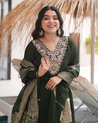 Dark Green Elegant Roman Silk Embroidered Suit Set with Jacquard Dupatta – Zari, Sequence & Coding Work ClothsVilla