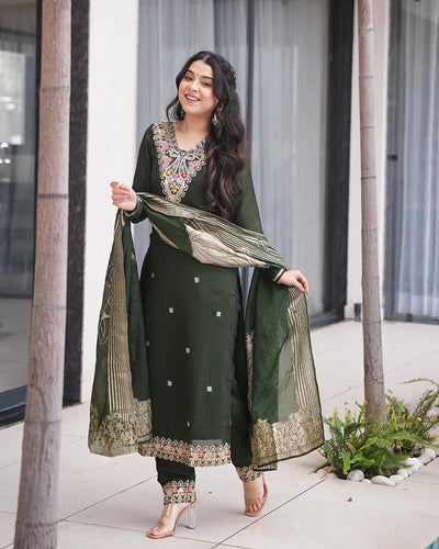 Dark Green Elegant Roman Silk Embroidered Suit Set with Jacquard Dupatta – Zari, Sequence & Coding Work ClothsVilla