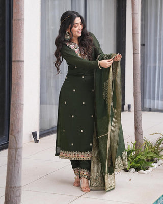Dark Green Elegant Roman Silk Embroidered Suit Set with Jacquard Dupatta – Zari, Sequence & Coding Work ClothsVilla