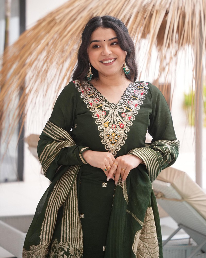 Dark Green Elegant Roman Silk Embroidered Suit Set with Jacquard Dupatta – Zari, Sequence & Coding Work ClothsVilla
