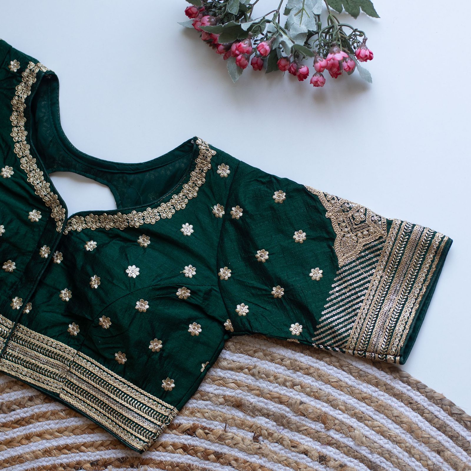 Dark Green Golden Embroidered Blouse with Sequins – Caterpillar Silk Elegance ClothsVilla Main image
