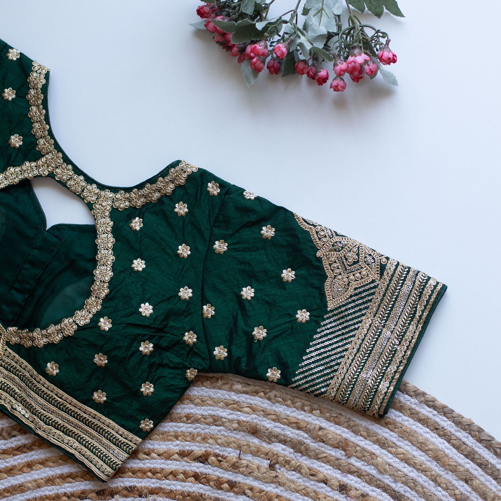 Dark Green Golden Embroidered Blouse with Sequins – Caterpillar Silk Elegance Secondary image