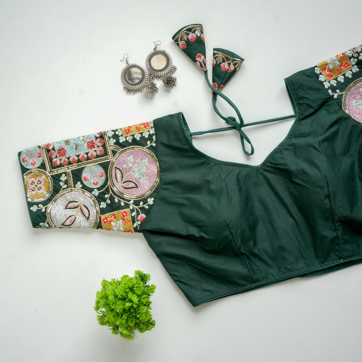 Dark Green Golden Embroidered Blouse with Sequins on Seoul Silk Sleeves ClothsVilla Main image