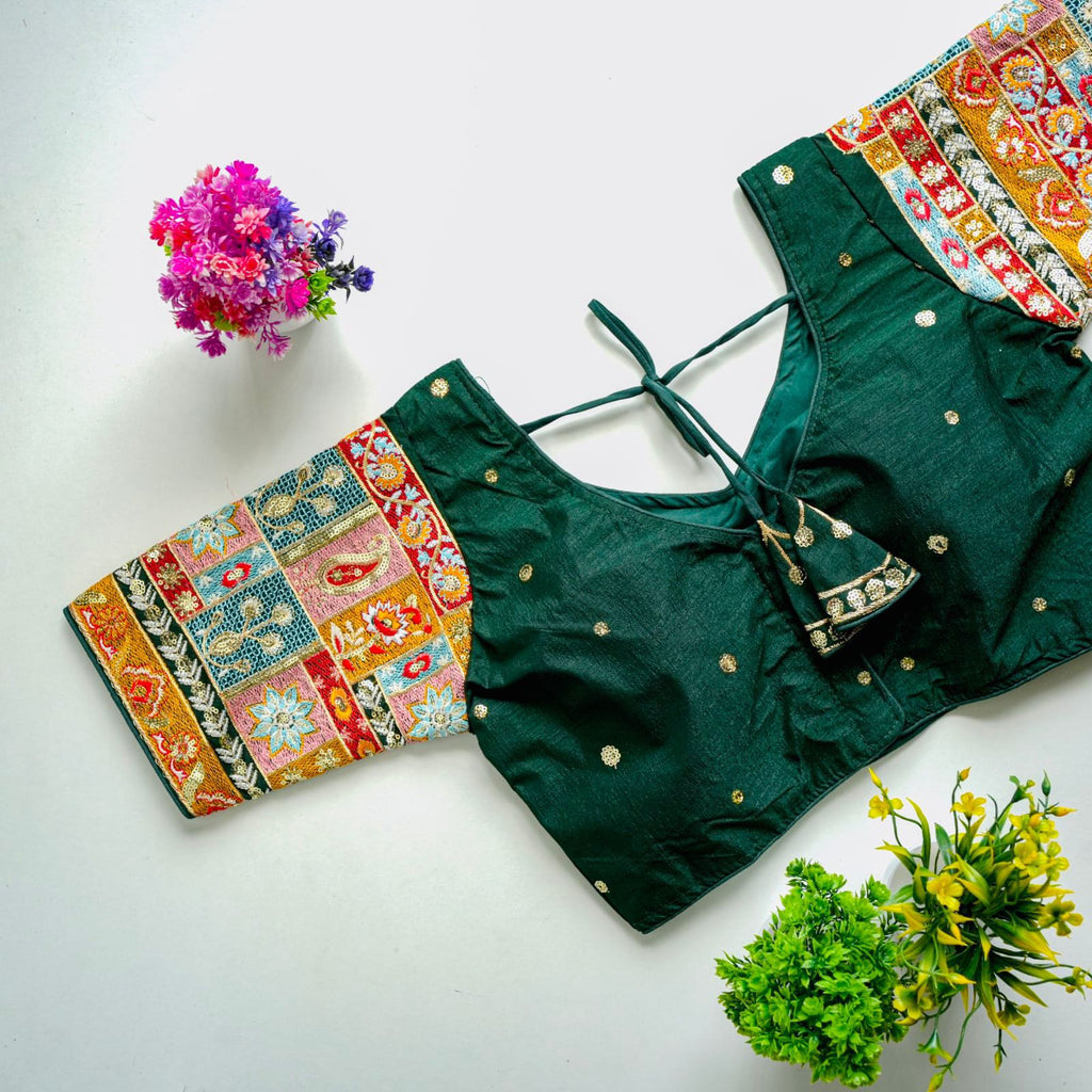 Dark Green Golden Embroidered Seoul Silk Blouse with Sequins ClothsVilla