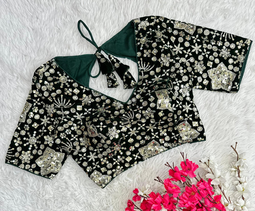 Dark Green Golden Embroidered Velvet Blouse with Sequins ClothsVilla