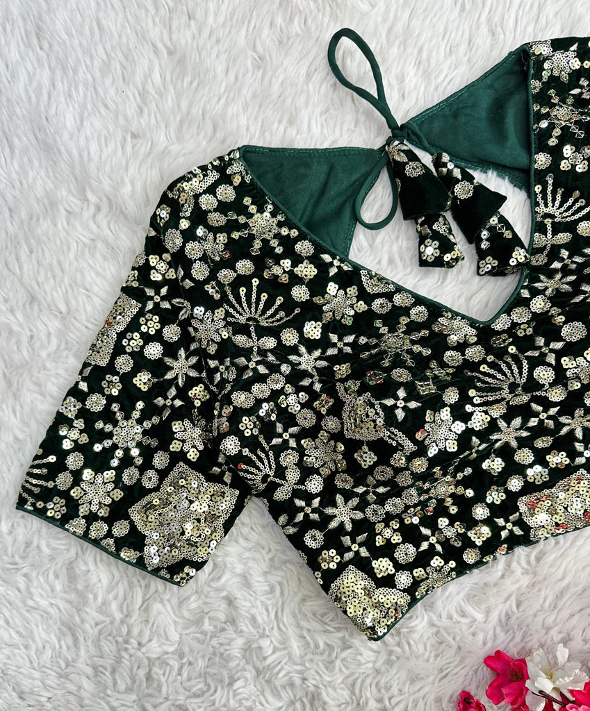 Dark Green Golden Embroidered Velvet Blouse with Sequins ClothsVilla