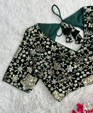 Load image into Gallery viewer, Dark Green Golden Embroidered Velvet Blouse with Sequins ClothsVilla