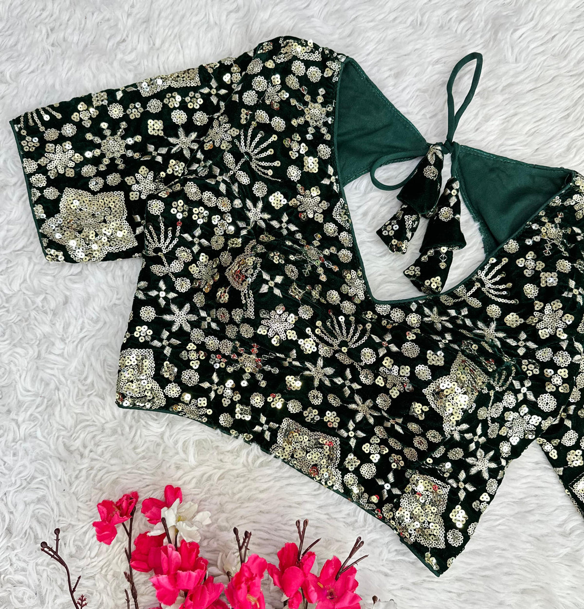 Dark Green Golden Embroidered Velvet Blouse with Sequins ClothsVilla Main image