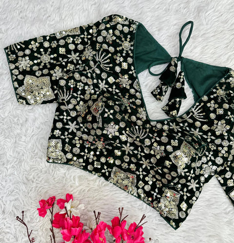 Dark Green Golden Embroidered Velvet Blouse with Sequins ClothsVilla Main image