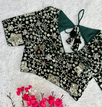 Load image into Gallery viewer, Dark Green Golden Embroidered Velvet Blouse with Sequins ClothsVilla