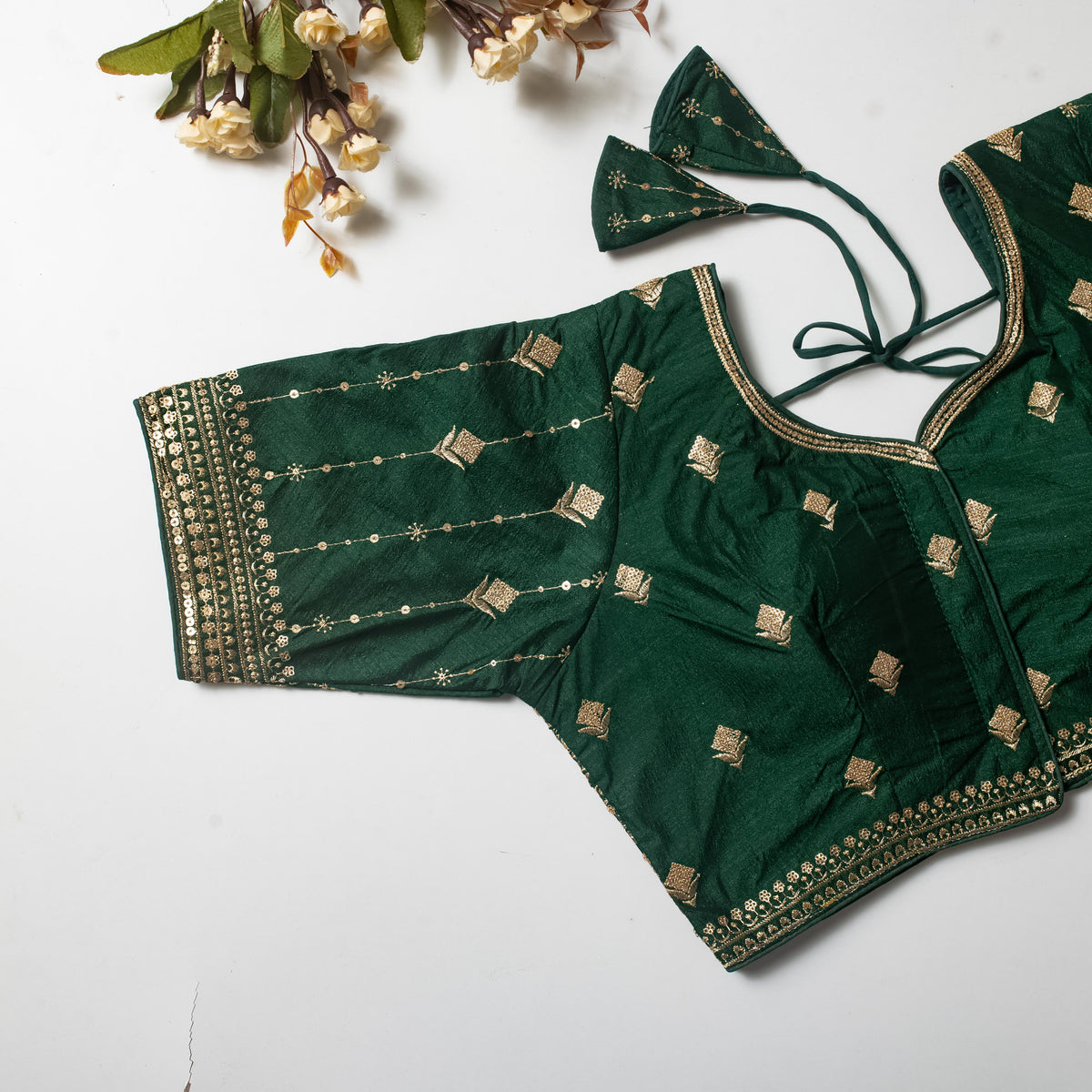 Dark Green Golden Embroidered Vibrant Silk Blouse with Sequins ClothsVilla Main image