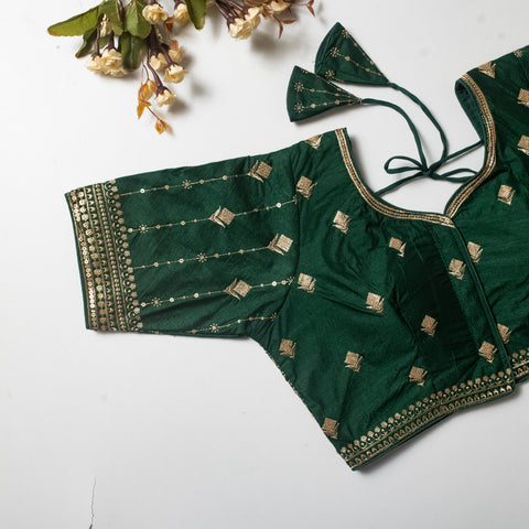 Dark Green Golden Embroidered Vibrant Silk Blouse with Sequins ClothsVilla Main image
