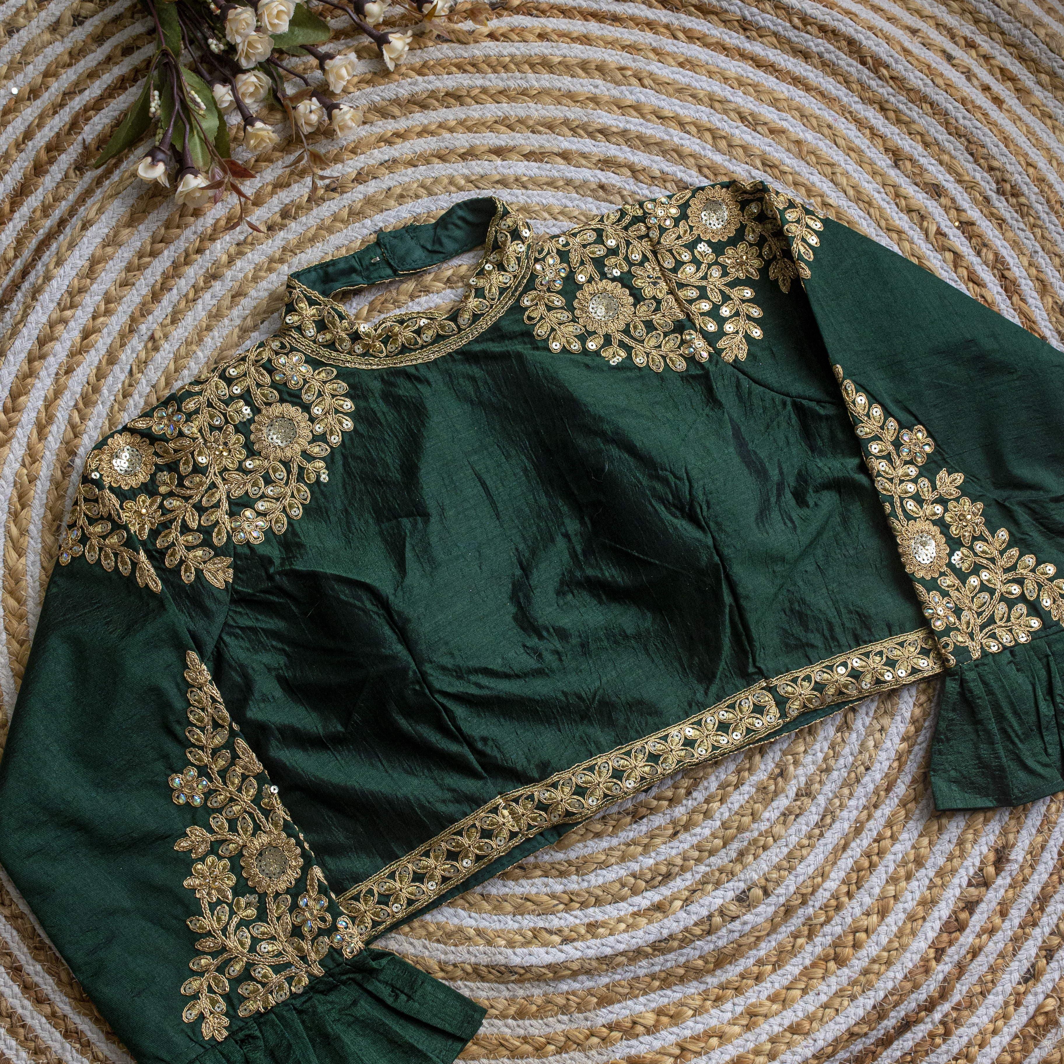 Dark Green Golden Sequence Embroidered Blouse in glossy silk ClothsVilla Main image