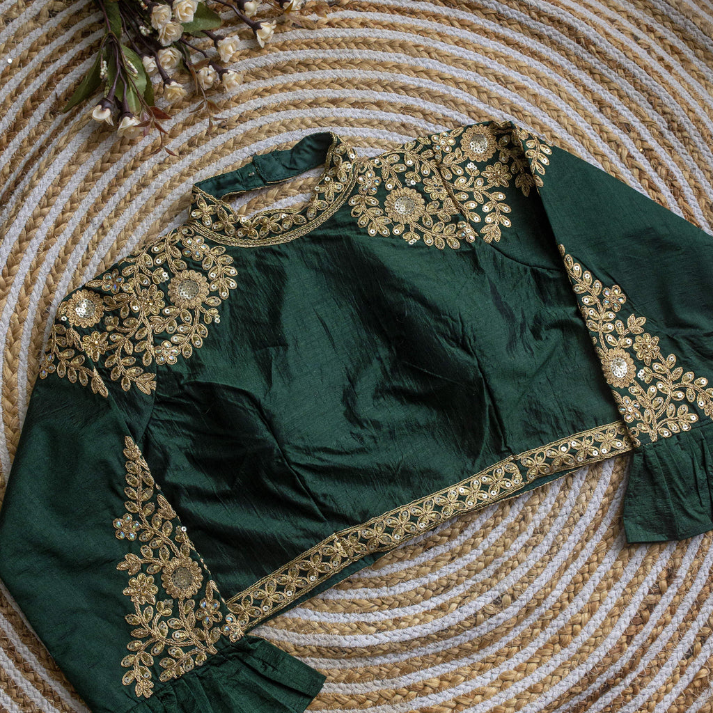 Dark Green Golden Sequence Embroidered Blouse in glossy silk ClothsVilla