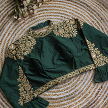 Load image into Gallery viewer, Dark Green Golden Sequence Embroidered Blouse in glossy silk ClothsVilla