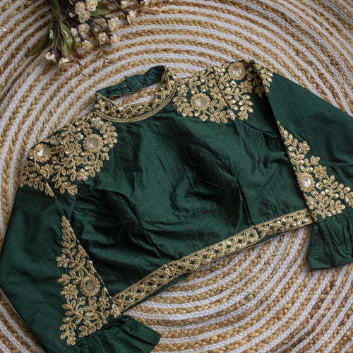 Dark Green Golden Sequence Embroidered Blouse in glossy silk ClothsVilla