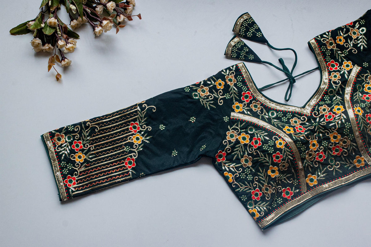 Dark Green Handcrafted Sequined Blouse in Khushi Silk ClothsVilla Main image