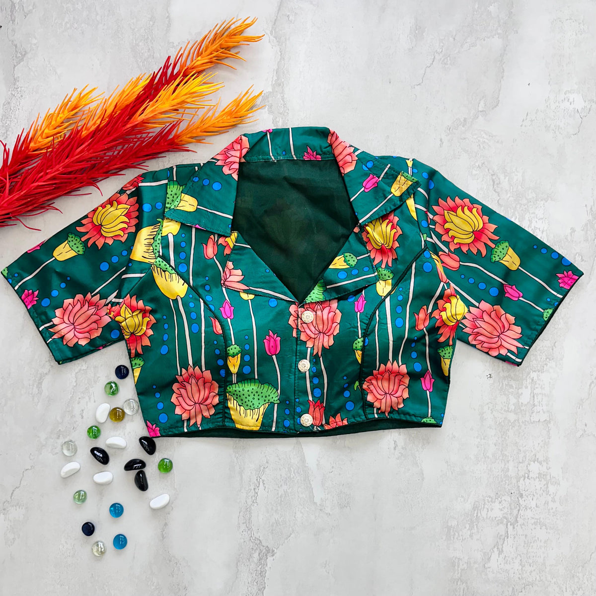 Dark Green Kalamkari Print Blouse in Chilly Silk ClothsVilla Main image