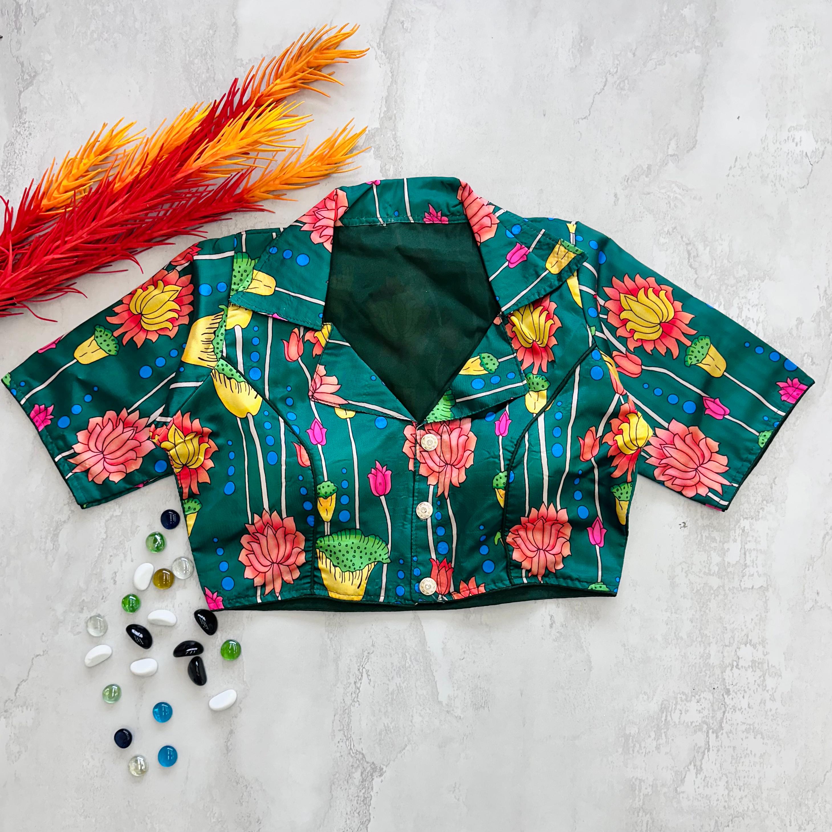 Dark Green Kalamkari Print Blouse in Chilly Silk ClothsVilla Main image