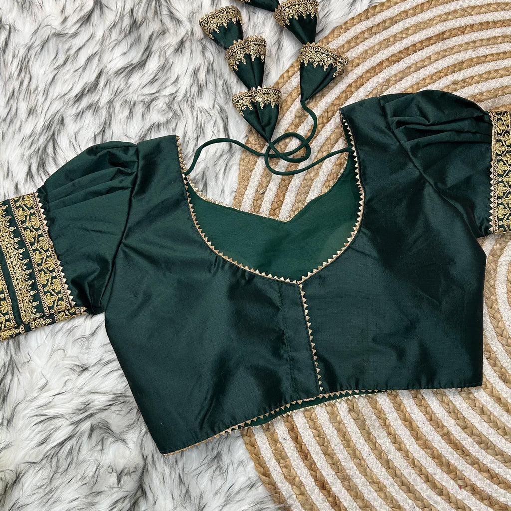 Dark Green Kilmora Silk Blouse with Handcrafted Embroidery and Sequence Accents ClothsVilla