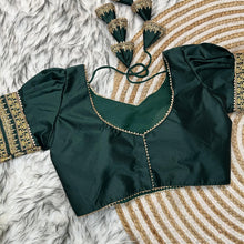 Load image into Gallery viewer, Dark Green Kilmora Silk Blouse with Handcrafted Embroidery and Sequence Accents ClothsVilla