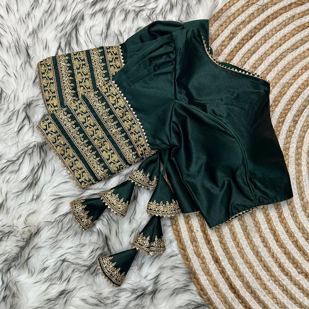 Dark Green Kilmora Silk Blouse with Handcrafted Embroidery and Sequence Accents ClothsVilla