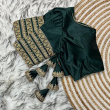 Load image into Gallery viewer, Dark Green Kilmora Silk Blouse with Handcrafted Embroidery and Sequence Accents ClothsVilla