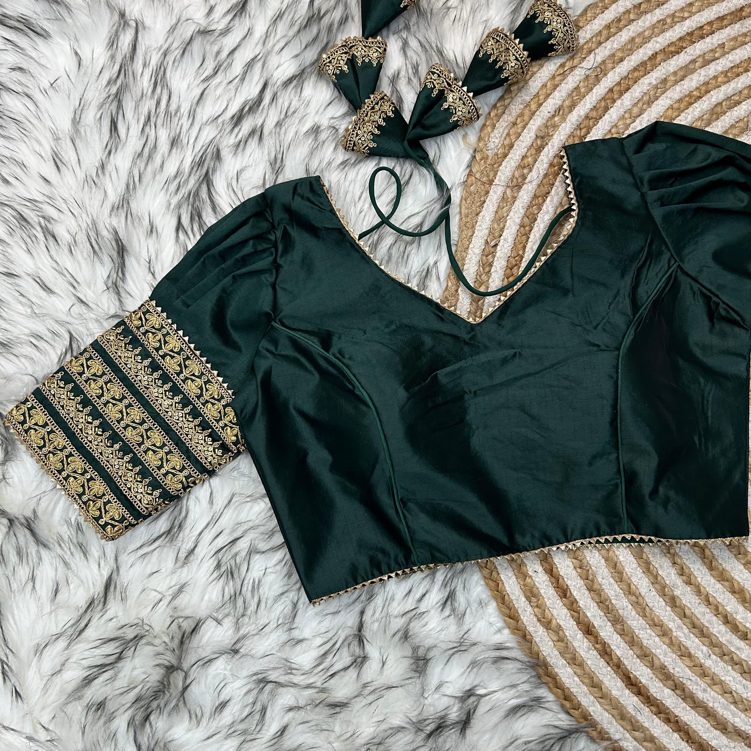 Dark Green Kilmora Silk Blouse with Handcrafted Embroidery and Sequence Accents ClothsVilla Main image