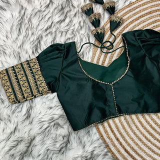 Dark Green Kilmora Silk Blouse with Handcrafted Embroidery and Sequence Accents ClothsVilla