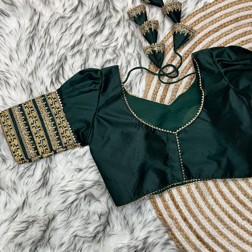 Dark Green Kilmora Silk Blouse with Handcrafted Embroidery and Sequence Accents ClothsVilla