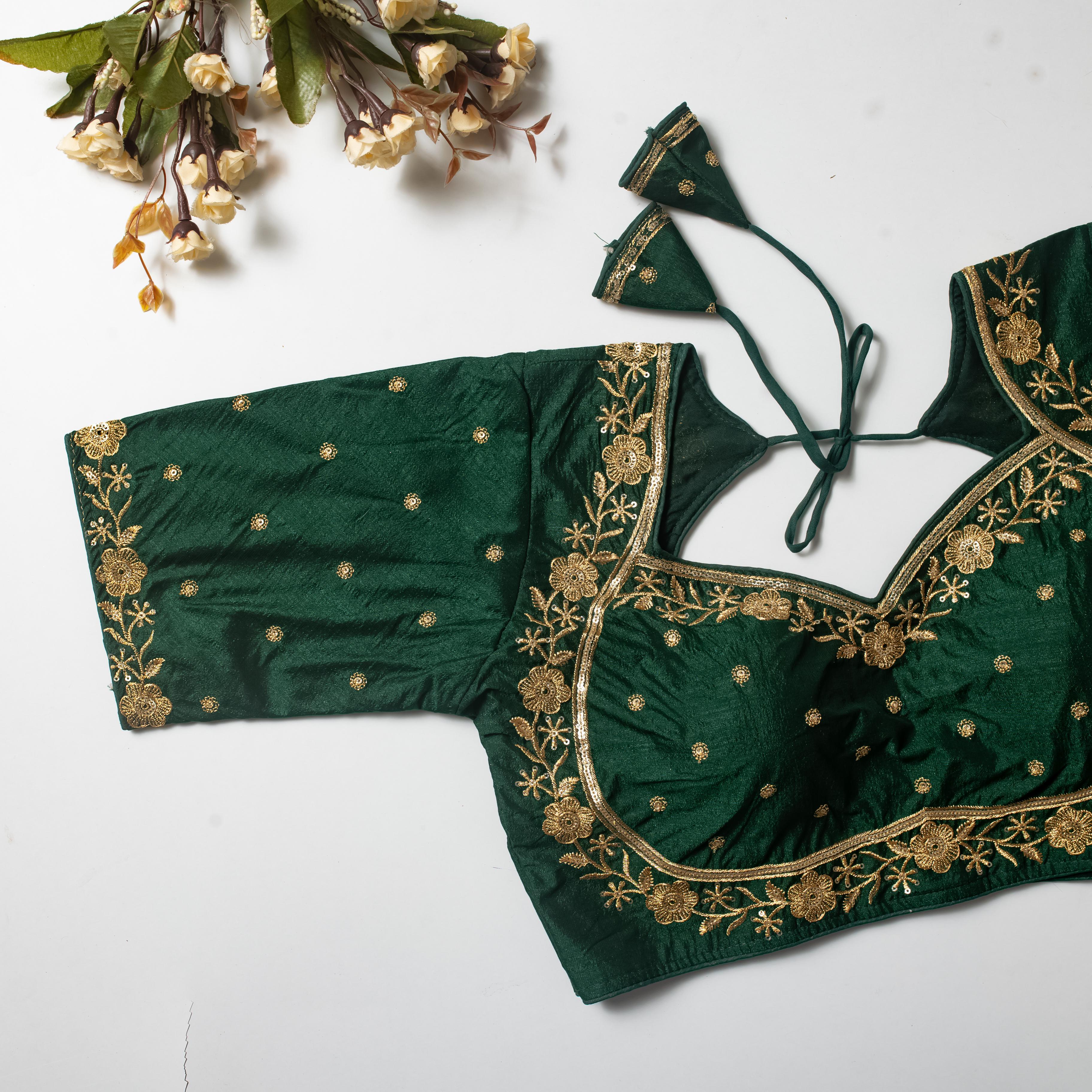 Dark Green Olive Silk Blouse with Golden Embroidery and Sequins ClothsVilla Main image