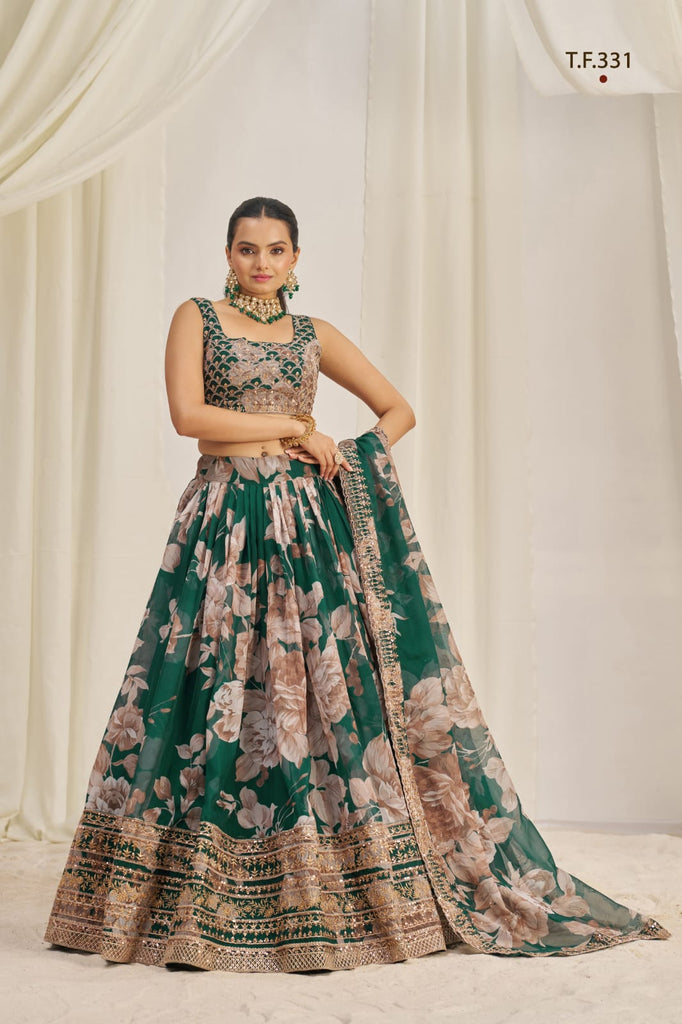 Dark Green Printed Organza Semi-Stitch Lehenga Choli with Zari, Dori, and Sequins Work ClothsVilla