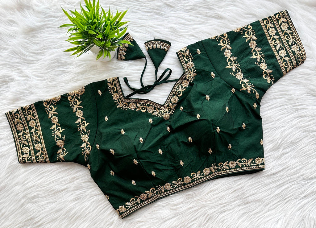 Dark Green Rajbhog Silk Embroidered Blouse with Handcrafted Detailing ClothsVilla