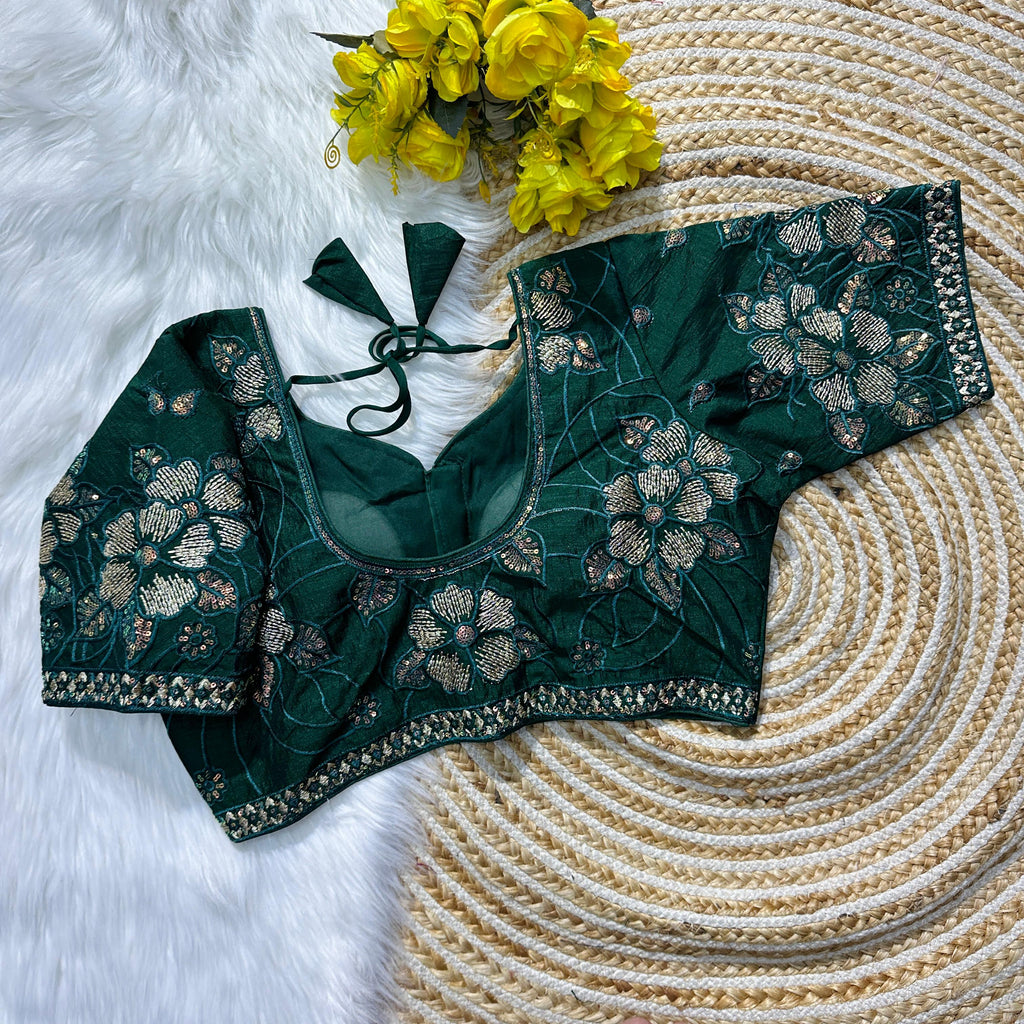 Dark Green Soft Silk Blouse with Beautiful Embroidery and Sequence Accents ClothsVilla