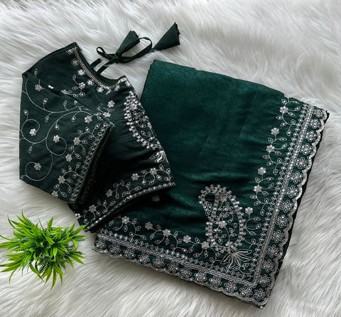 Dark Green Soft Silk Saree with Elegant Rubber Weaving & Heavy Embroidery Work ClothsVilla Main image