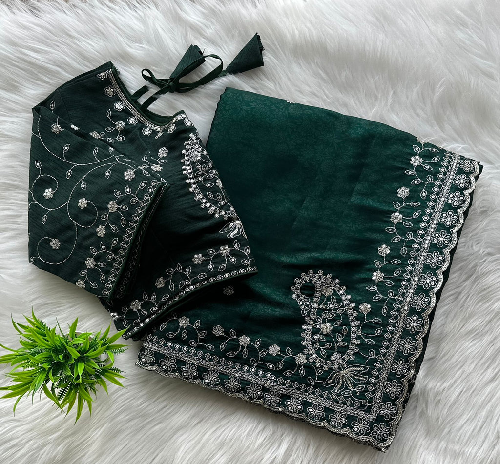 Dark Green Soft Silk Saree with Elegant Rubber Weaving & Heavy Embroidery Work ClothsVilla