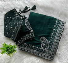 Load image into Gallery viewer, Dark Green Soft Silk Saree with Elegant Rubber Weaving &amp; Heavy Embroidery Work ClothsVilla