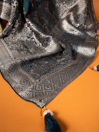 Dark Green Viscose Kalamkari Saree with Zari Weaving & Tassels ClothsVilla
