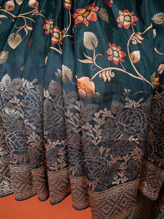 Dark Green Viscose Kalamkari Saree with Zari Weaving & Tassels ClothsVilla