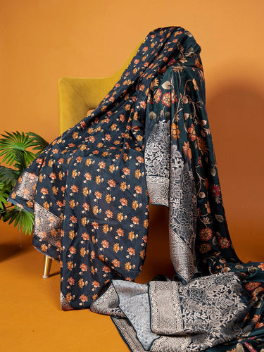 Dark Green Viscose Kalamkari Saree with Zari Weaving & Tassels ClothsVilla