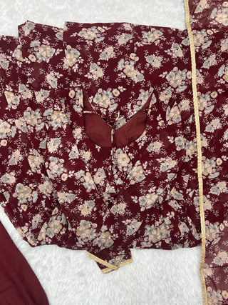 Dark Maroon High-End Laheriya Print Anarkali Set – Pure Fox Georgette Floral Print with Dupatta & Pants – Ready-to-Wear for Summer Weddings