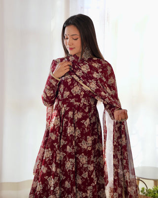 Dark Maroon High-End Laheriya Print Anarkali Set – Pure Fox Georgette Floral Print with Dupatta & Pants – Ready-to-Wear for Summer Weddings