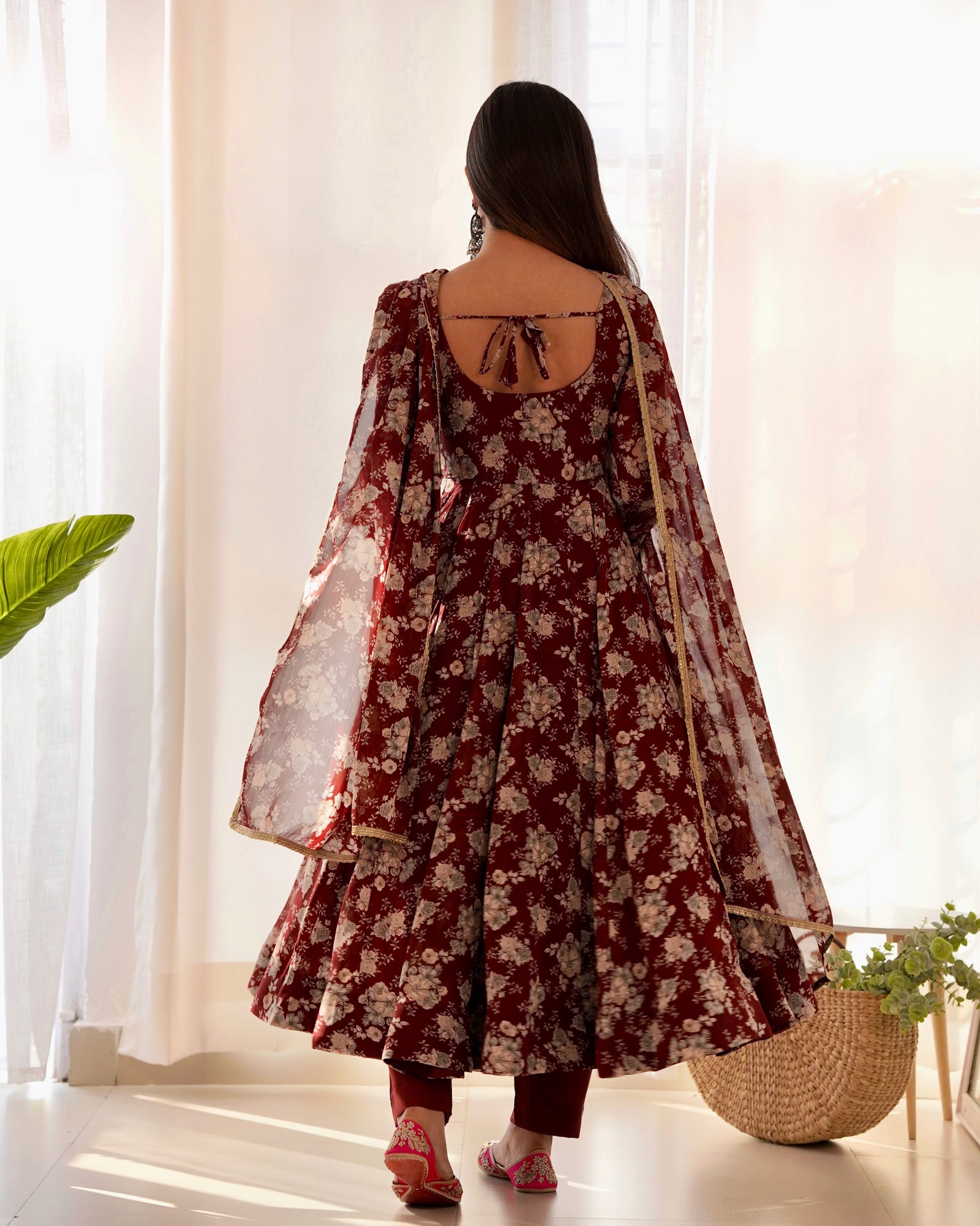 Dark Maroon High-End Laheriya Print Anarkali Set – Pure Fox Georgette Floral Print with Dupatta & Pants – Ready-to-Wear for Summer Weddings
