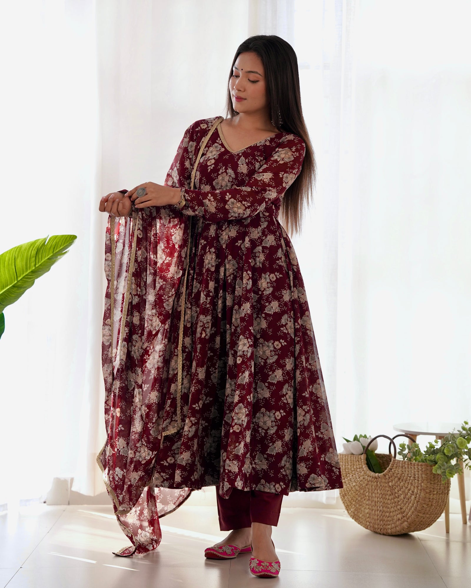 Dark Maroon High-End Laheriya Print Anarkali Set – Pure Fox Georgette Floral Print with Dupatta & Pants – Ready-to-Wear for Summer Weddings