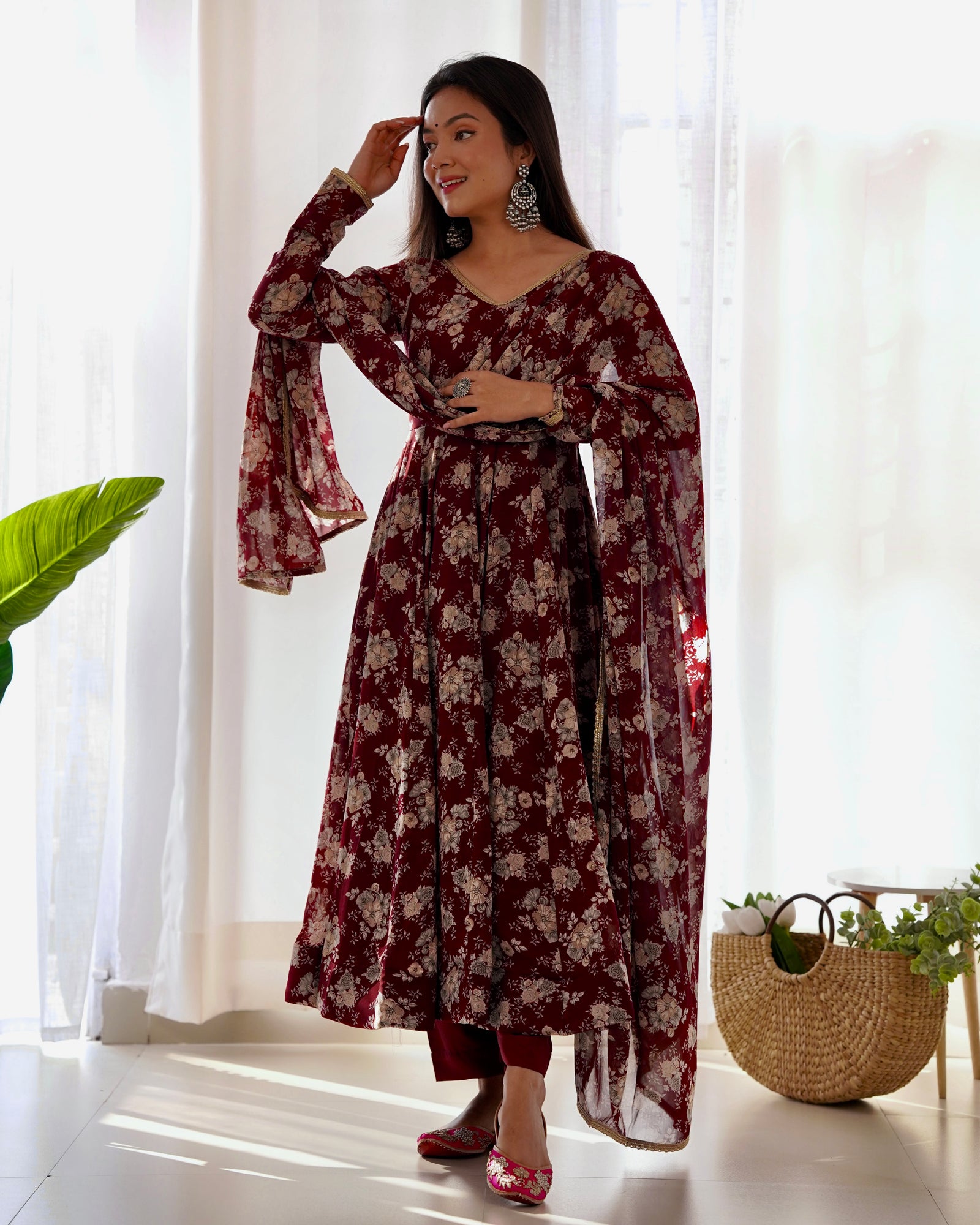 Dark Maroon High-End Laheriya Print Anarkali Set – Pure Fox Georgette Floral Print with Dupatta & Pants – Ready-to-Wear for Summer Weddings